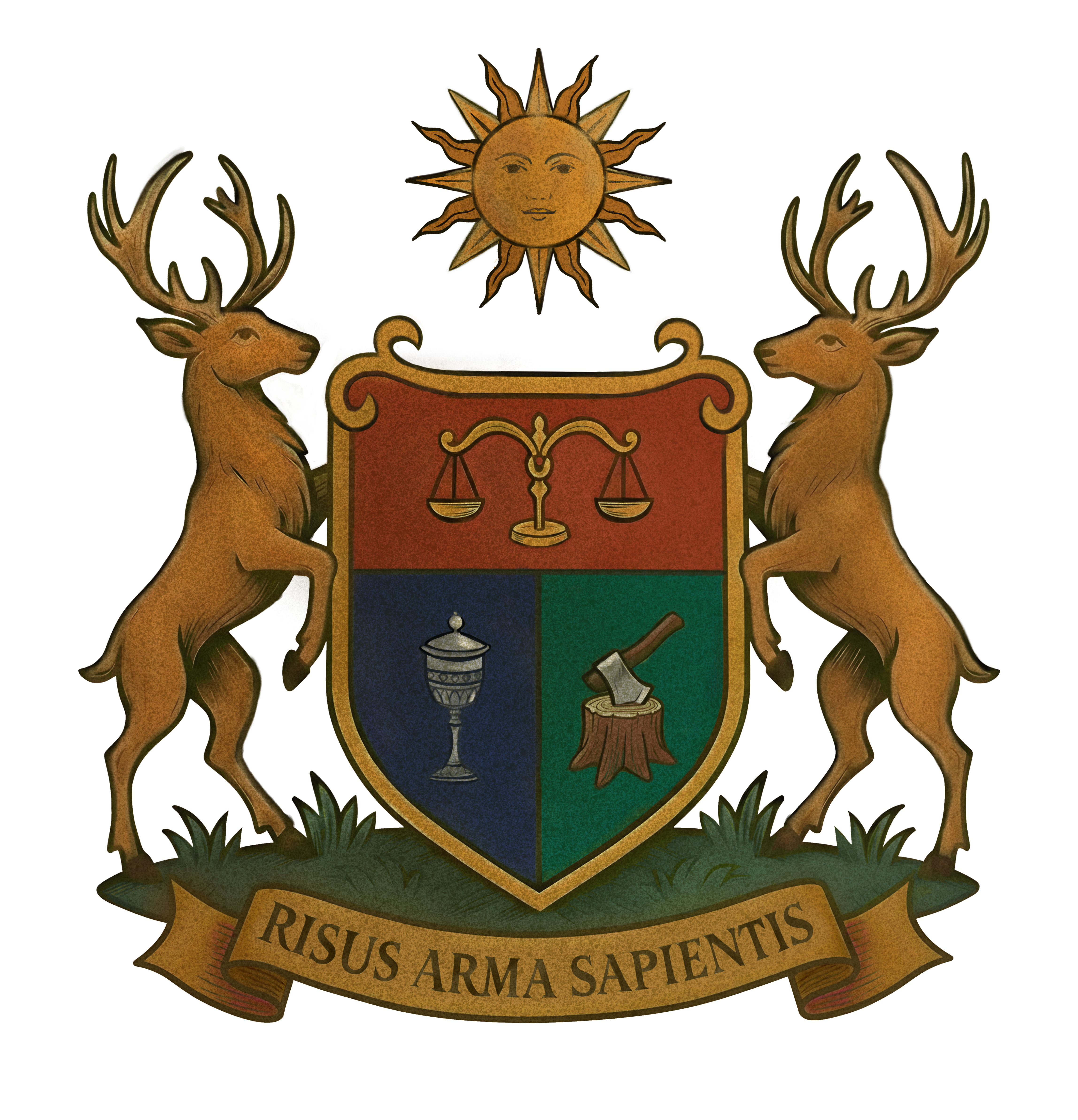 Blason de famille Couprie — écu écartelé avec balance, hanap et hache, supporté par deux cerfs