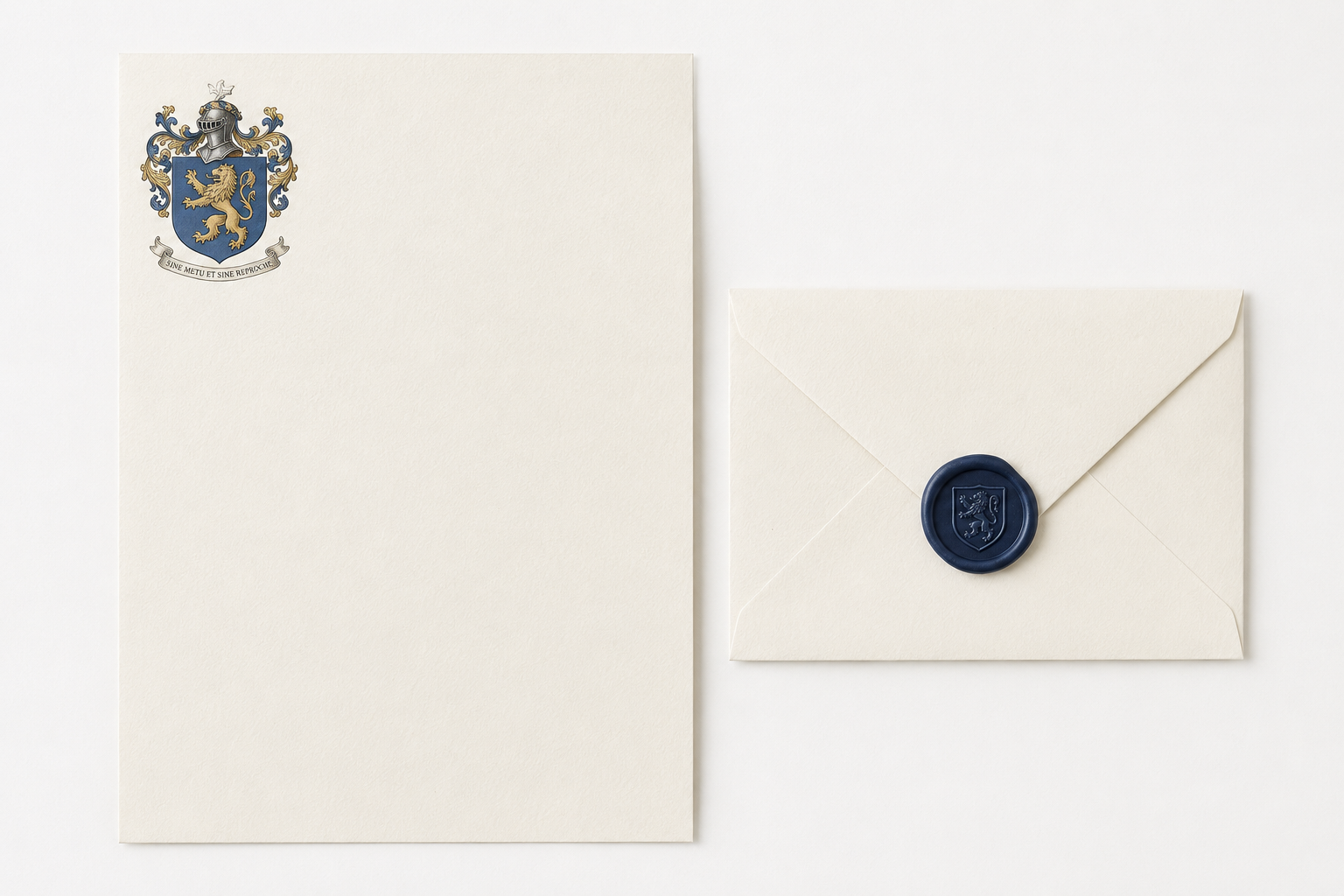 Blason sur papier à lettres et enveloppe cachetée